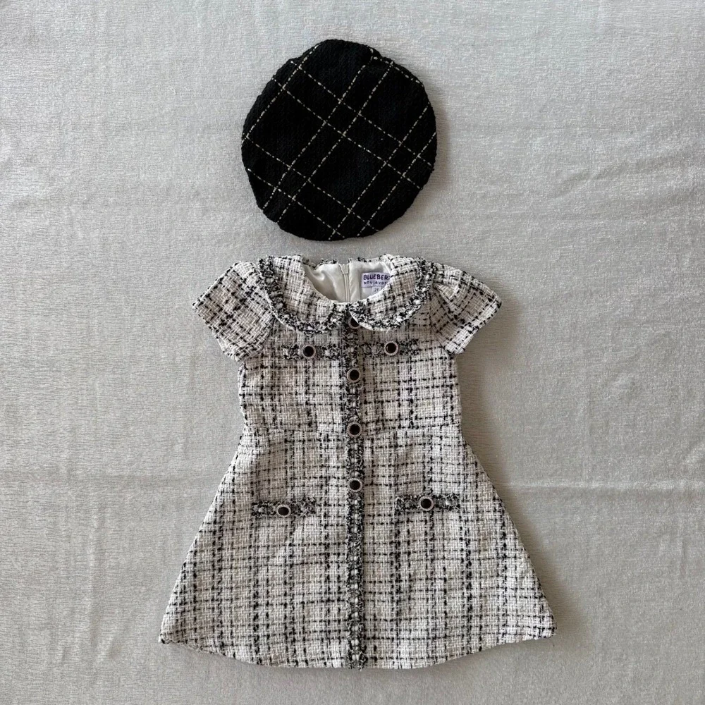 Blueberi Boulevard 2T Toddler Tweed Dress Black White Peter Pan Collar w/ Beret